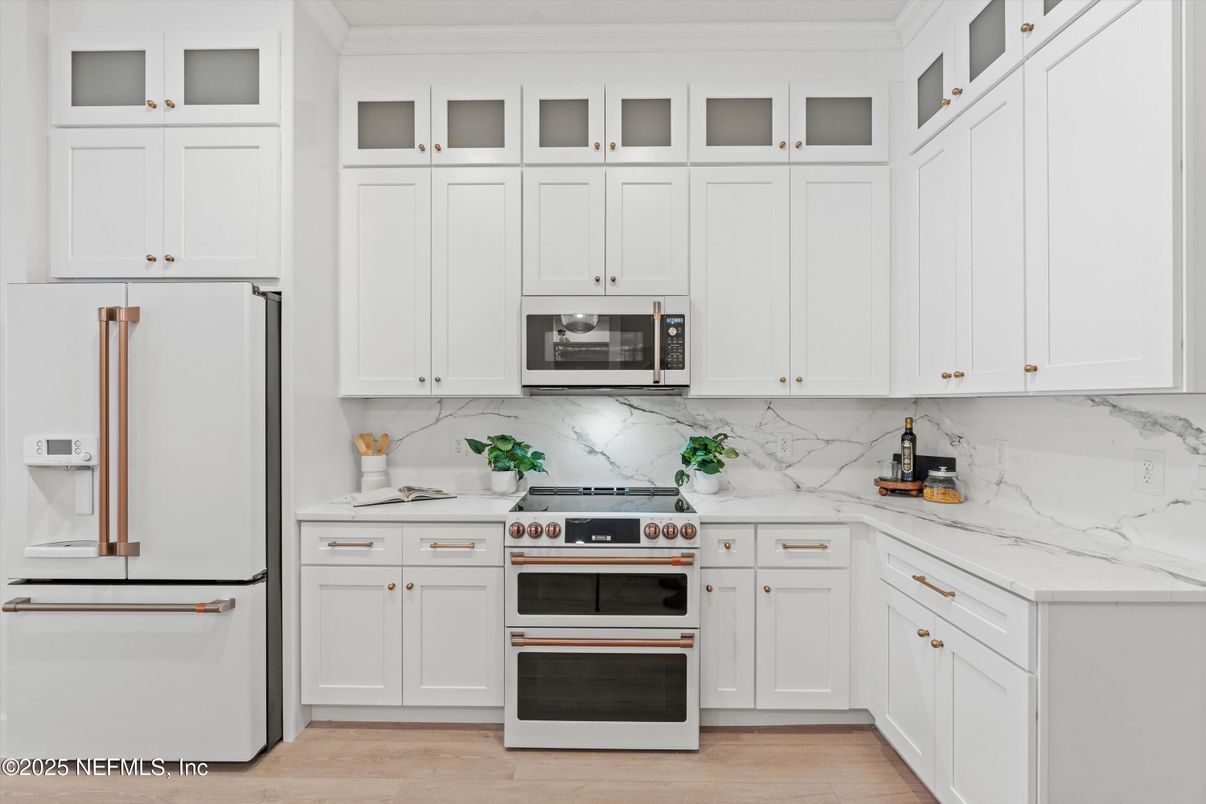 Interior, Kitchen, Marble Walls, Stainless Steel Appliances, Wood Texture Flooring