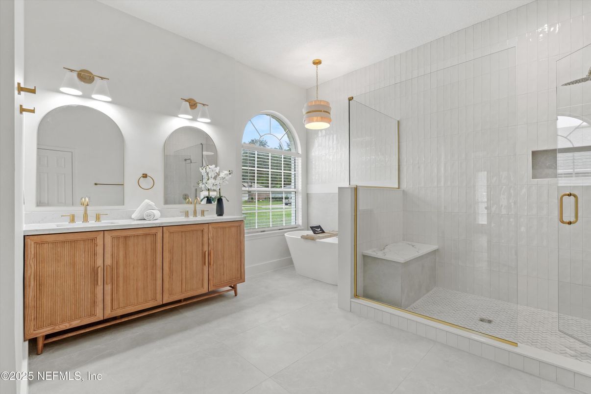 Bathroom, Dual Sink Vanities, Free Standing Baths, Glass Shower, Interior, Pendant Lights