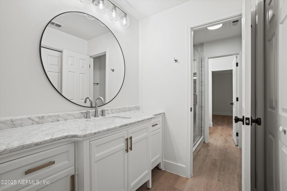 Bathroom, Interior, Recessed Lighting, Wood Texture Flooring