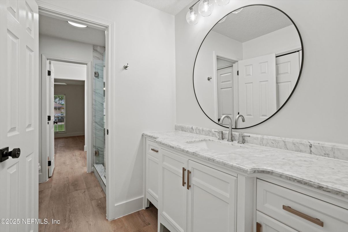 Bathroom, Dual Sink Vanities, Interior, Tile Countertops, Wood Texture Flooring
