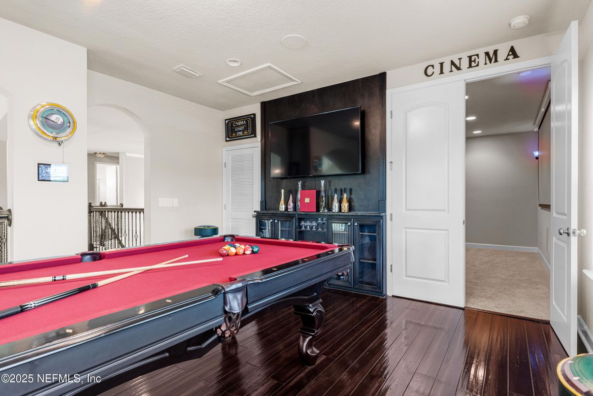 Billiard Table, Game Room, Interior, Recessed Lighting, Wood Texture Flooring