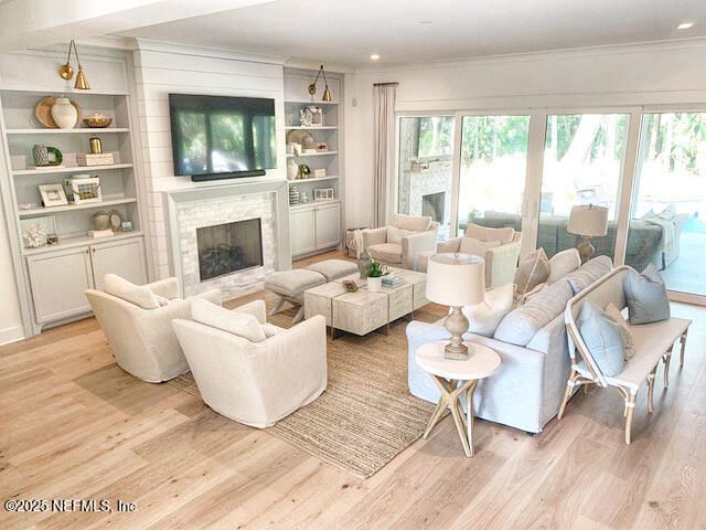 Fireplace, Interior, Living room, Recessed Lighting, Wood Texture Flooring