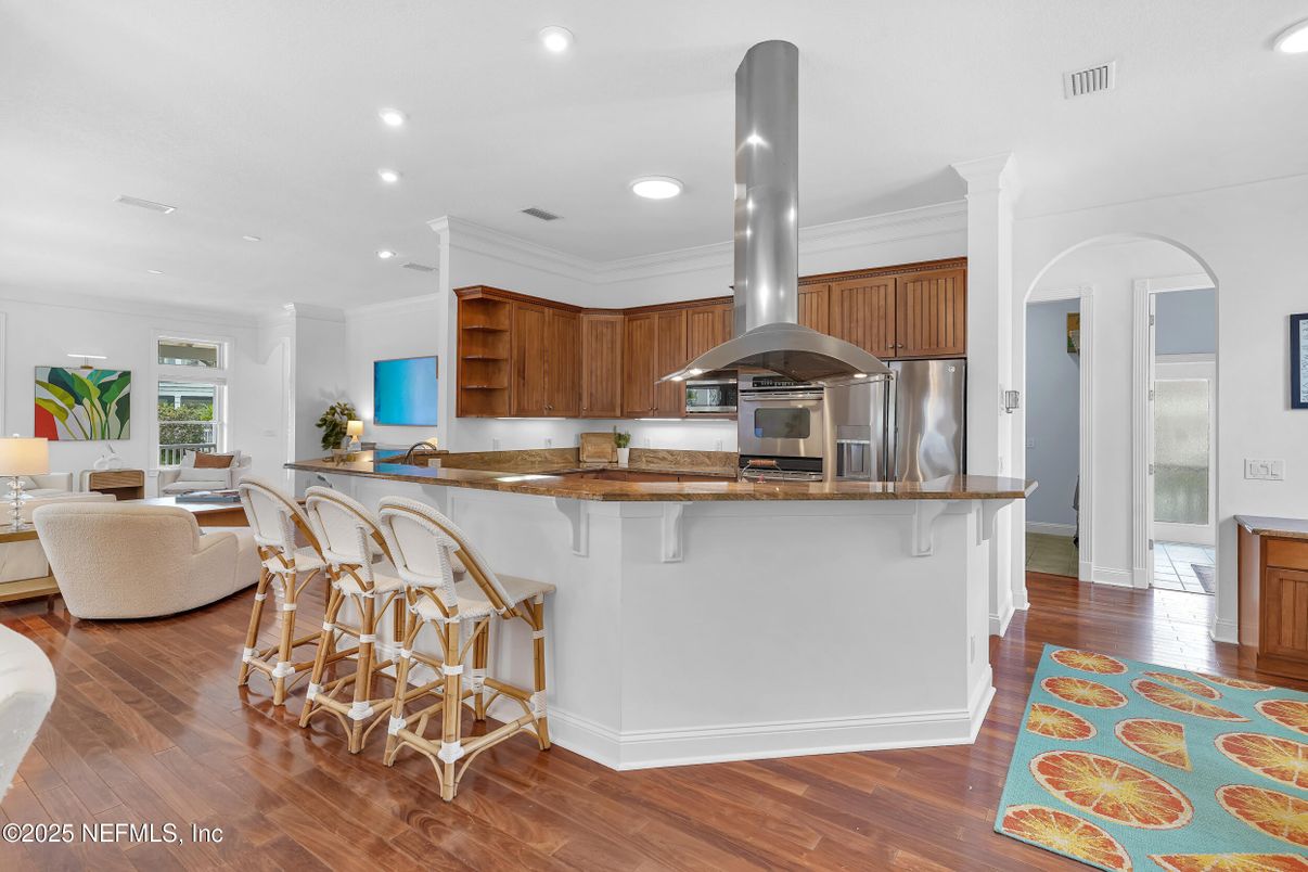 Interior, Kitchen, Living room, Recessed Lighting, Stainless Steel Appliances, Wood Texture Flooring