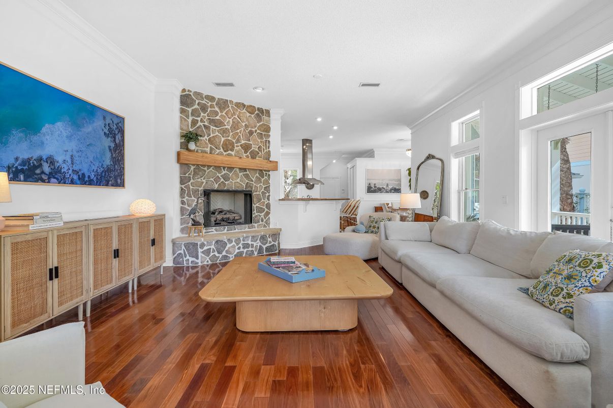 Fireplace, Interior, Living room, Recessed Lighting, Stone Walls, Wood Texture Flooring