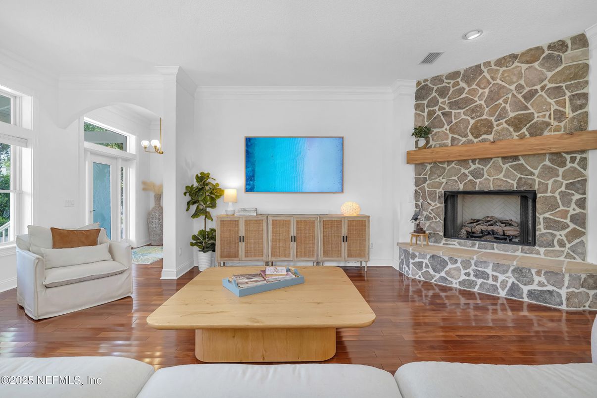 Fireplace, Interior, Recessed Lighting, Stone Walls, Wood Texture Flooring