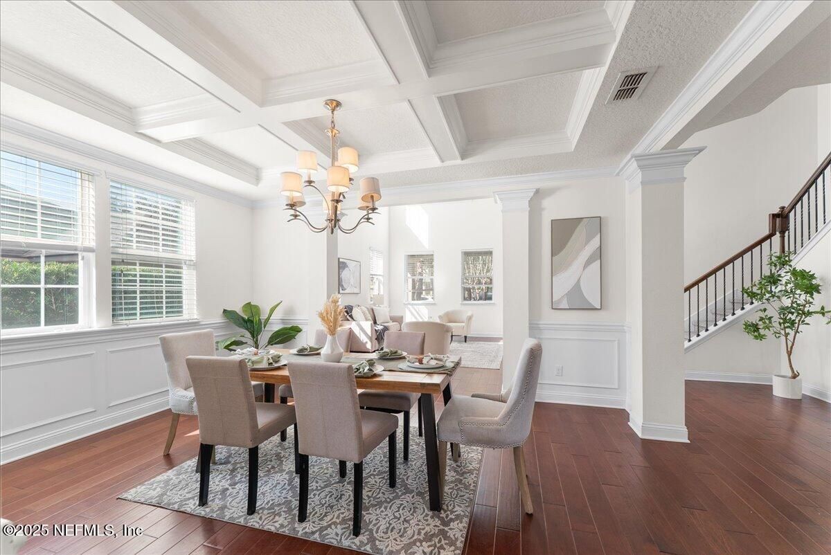 Chandelier, Dining room, Interior, Wood Texture Flooring