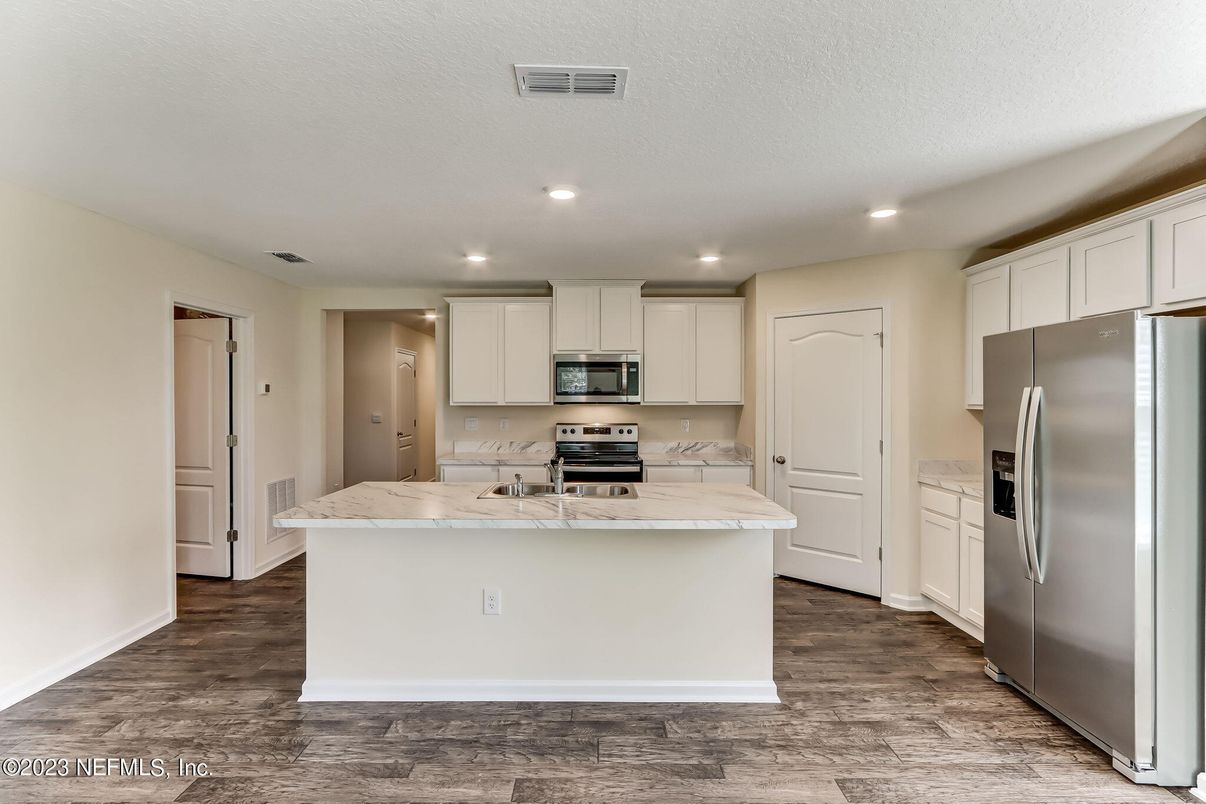 Interior, Kitchen, Recessed Lighting, Stainless Steel Appliances, Wood Texture Flooring