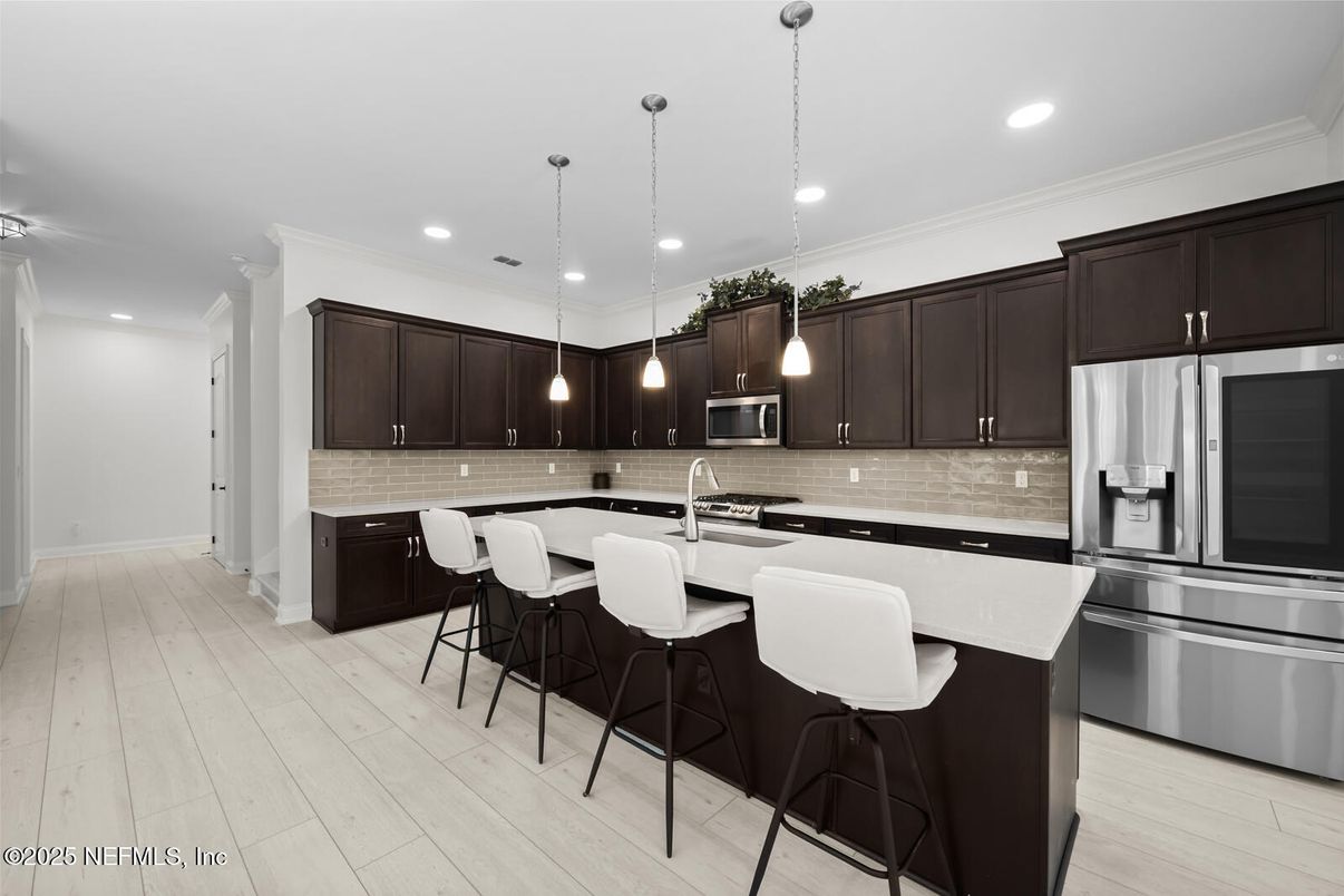 Interior, Kitchen, Pendant Lights, Recessed Lighting, Stainless Steel Appliances, Wood Texture Flooring
