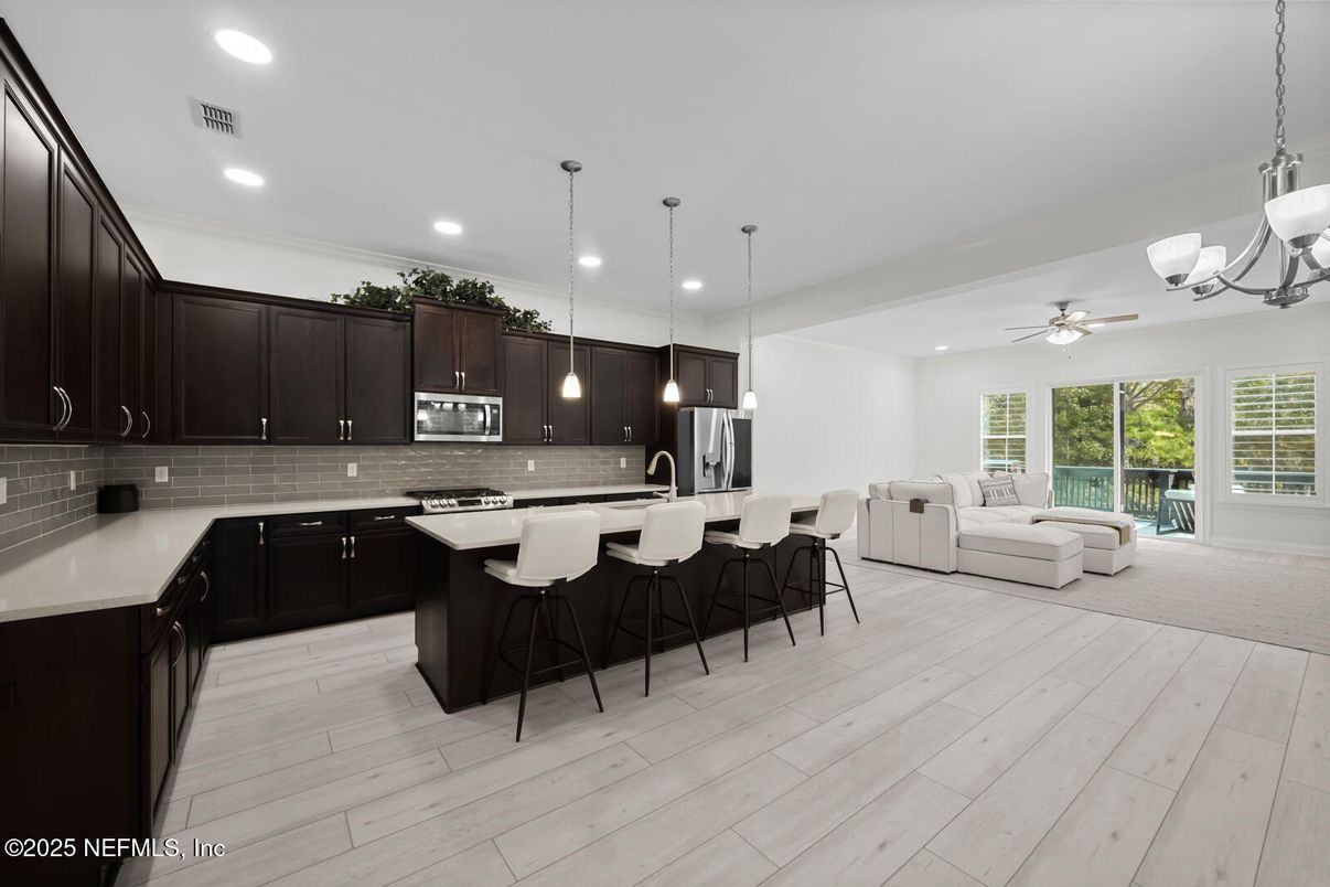 Interior, Kitchen, Living room, Pendant Lights, Recessed Lighting, Wood Texture Flooring