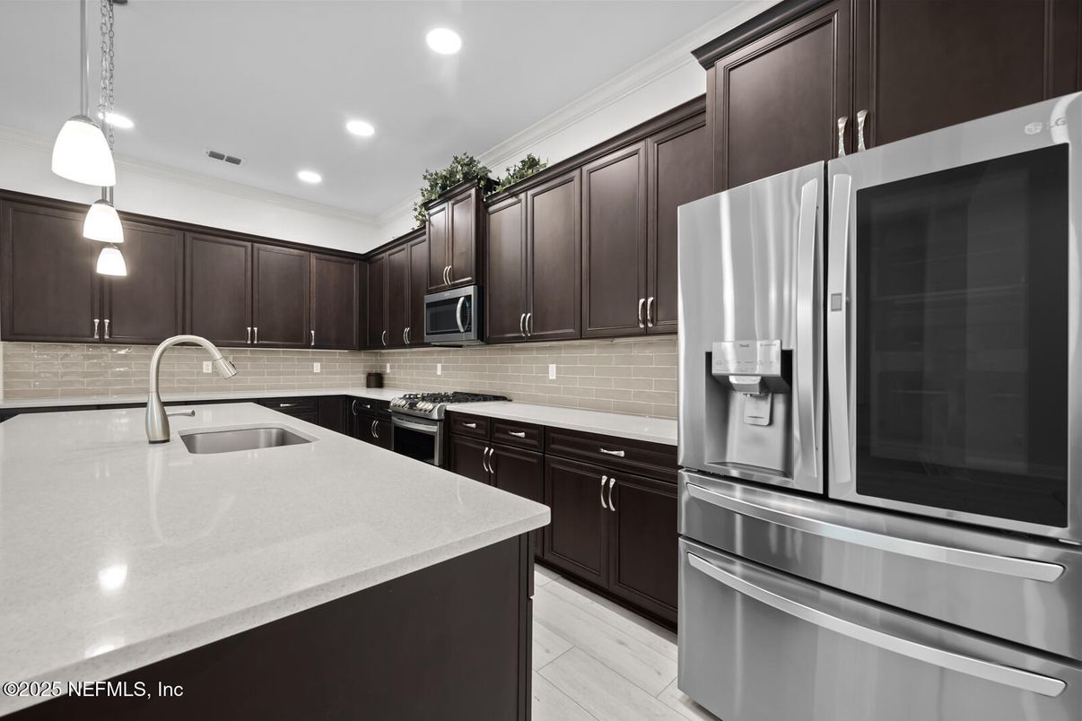 Interior, Kitchen, Pendant Lights, Recessed Lighting, Stainless Steel Appliances, Wood Texture Flooring