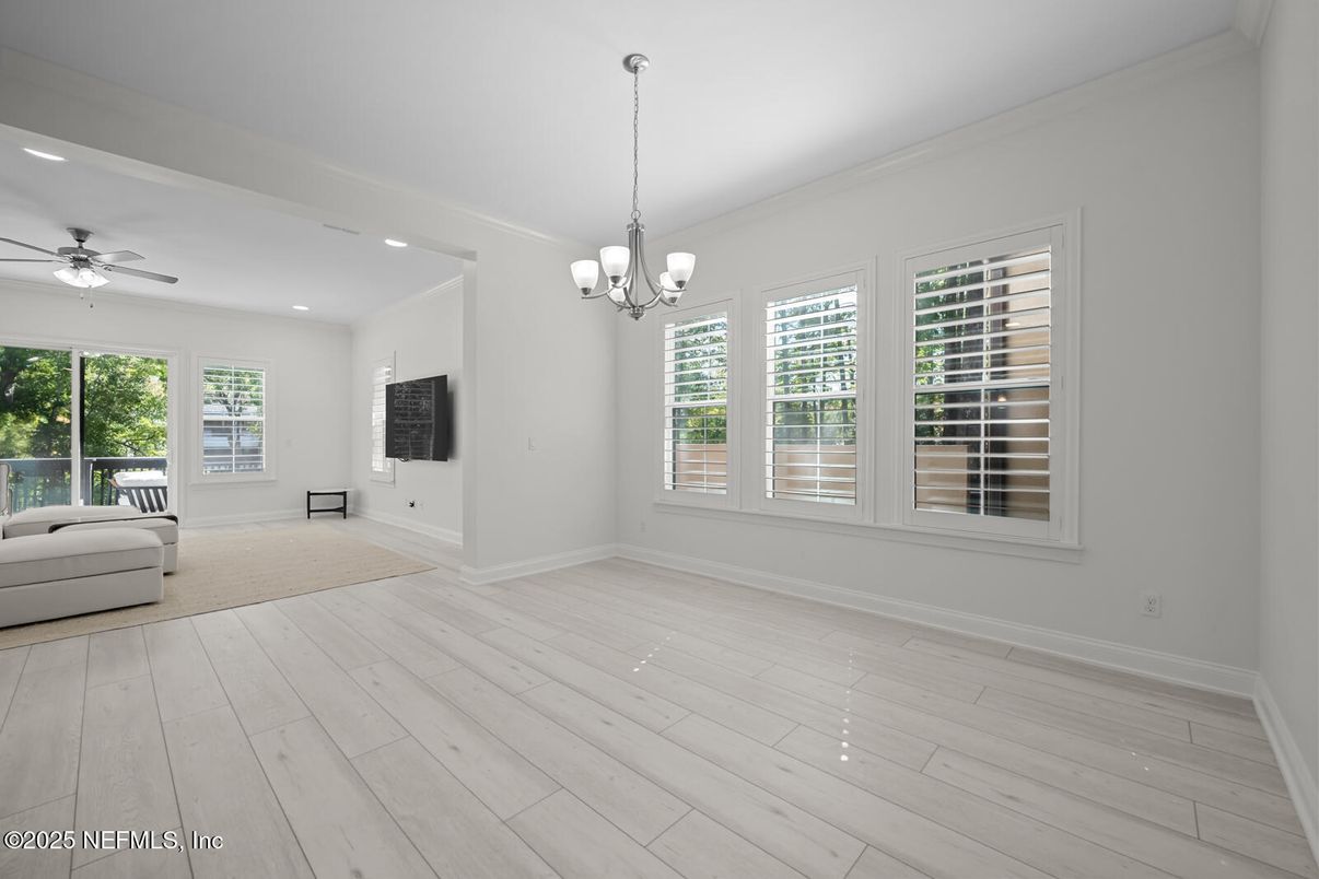 Chandelier, Empty room, Interior, Recessed Lighting, Wood Texture Flooring