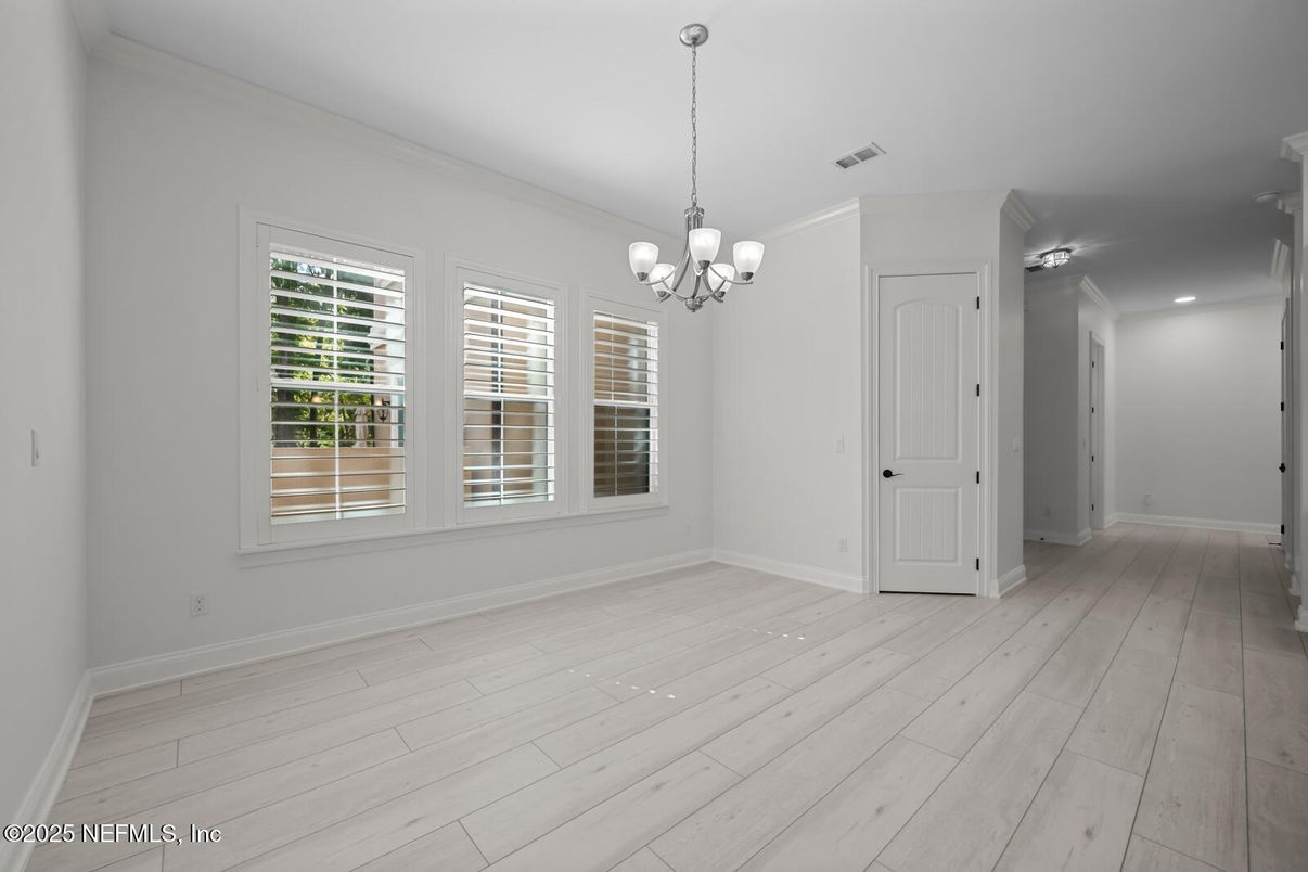 Chandelier, Empty room, Interior, Recessed Lighting, Wood Texture Flooring