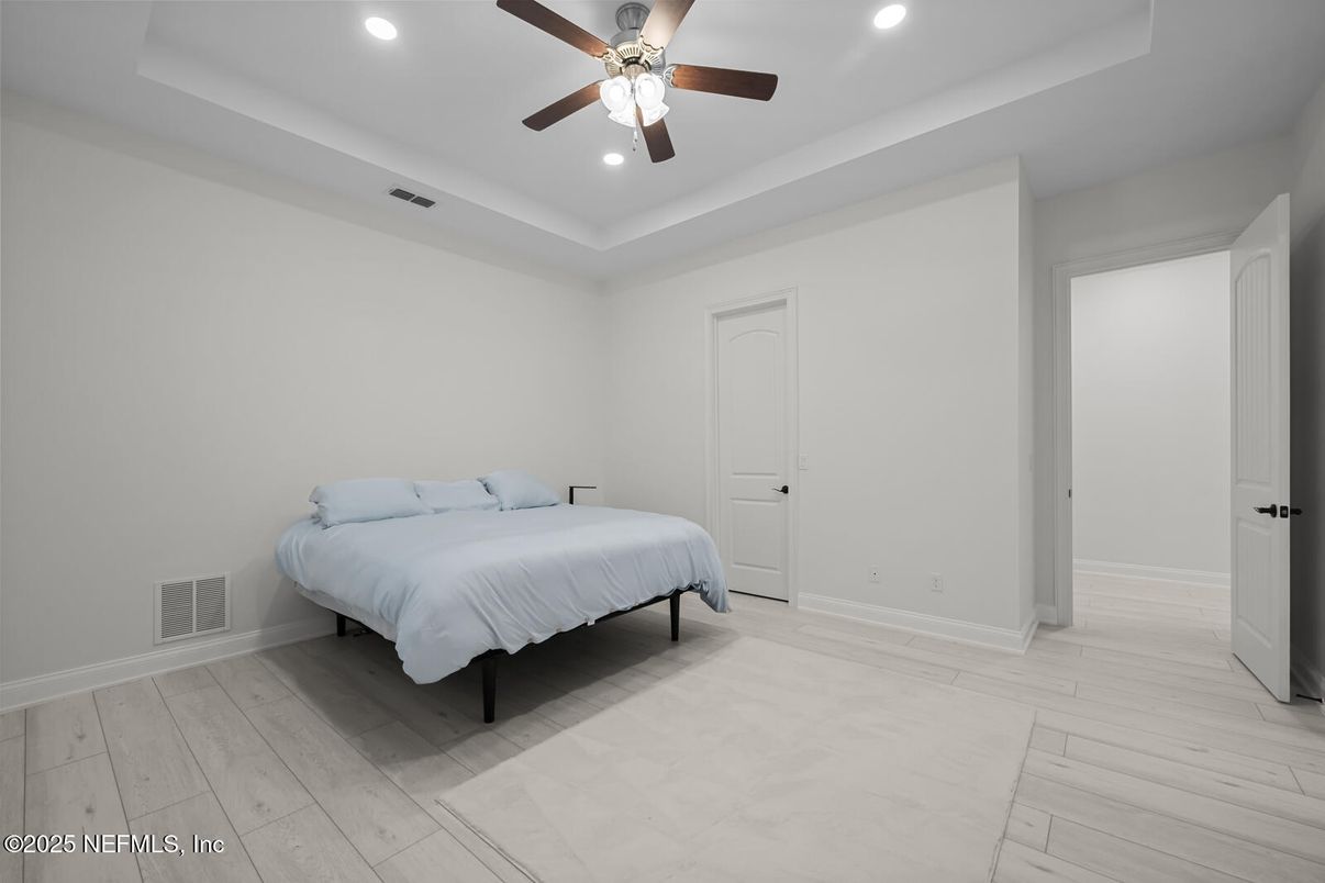 Bedroom, Interior, Recessed Lighting, Wood Texture Flooring
