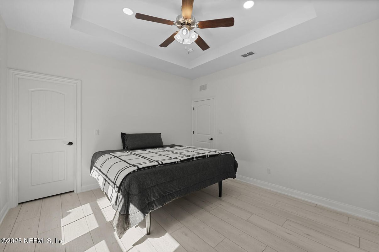 Bedroom, Interior, Recessed Lighting, Wood Texture Flooring