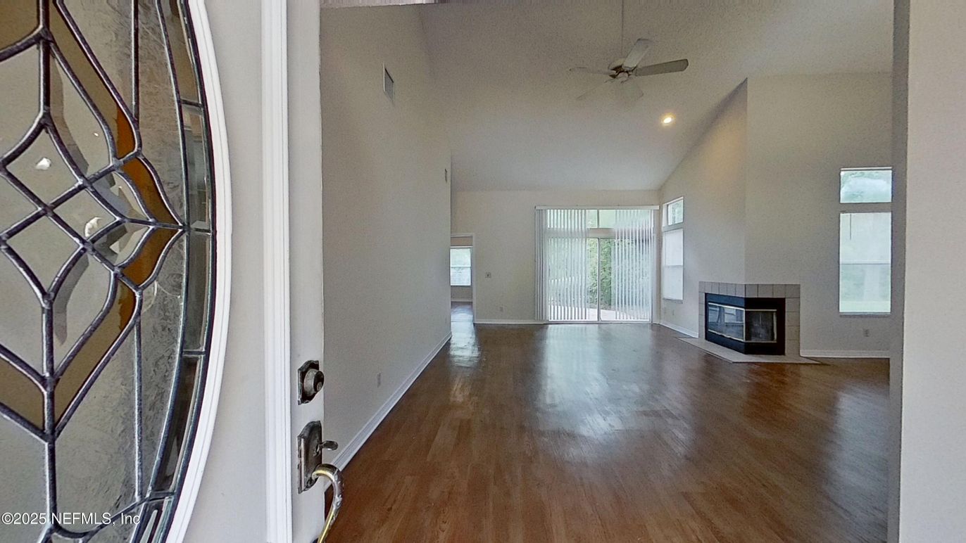 Empty room, Fireplace, Interior, Recessed Lighting, Wood Texture Flooring