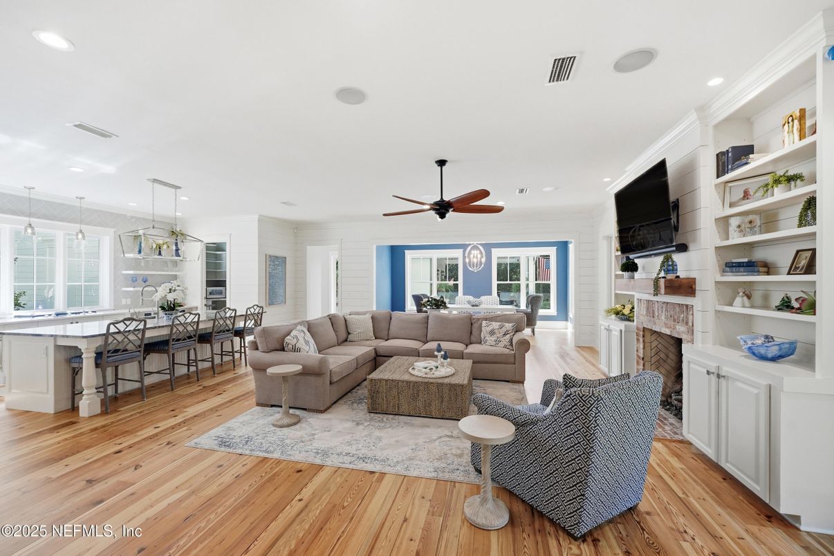 Dining room, Fireplace, Interior, Kitchen, Living room, Pendant Lights, Recessed Lighting, Wood Texture Flooring