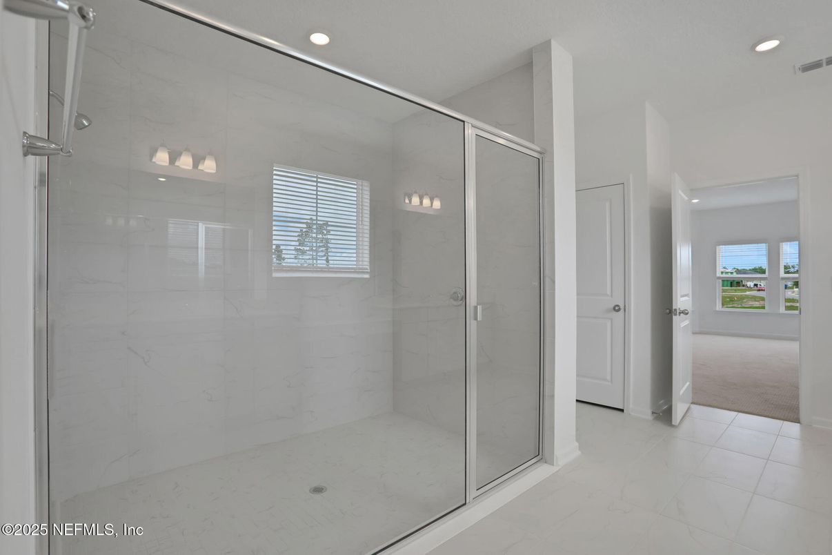 Bathroom, Glass Shower, Interior, Marble Walls, Recessed Lighting