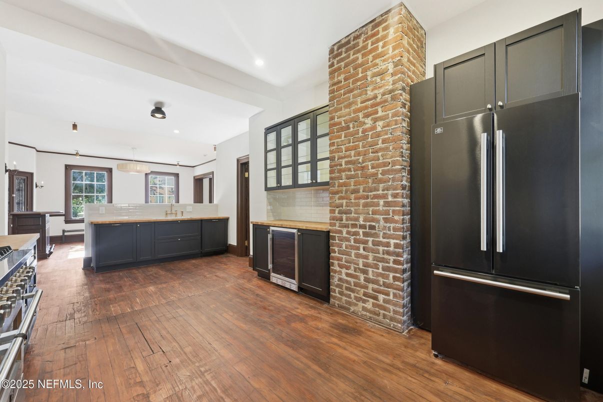 Interior, Kitchen, Recessed Lighting, Stone Walls, Wood Texture Flooring