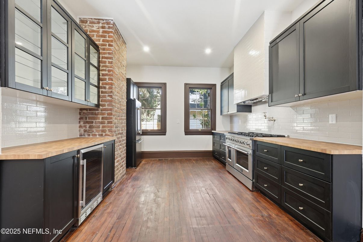 Interior, Kitchen, Recessed Lighting, Stainless Steel Appliances, Stone Walls, Wood Texture Flooring