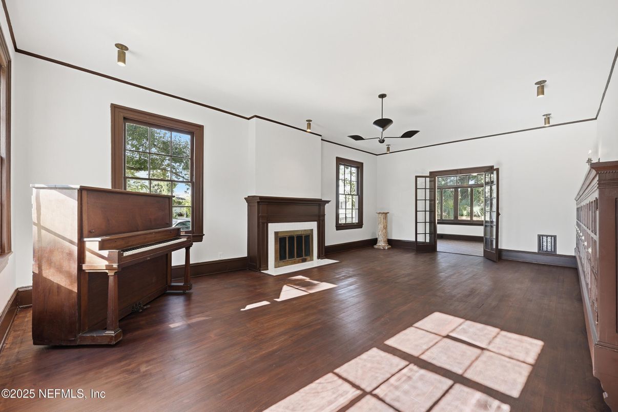 Fireplace, Interior, Piano, Wood Texture Flooring