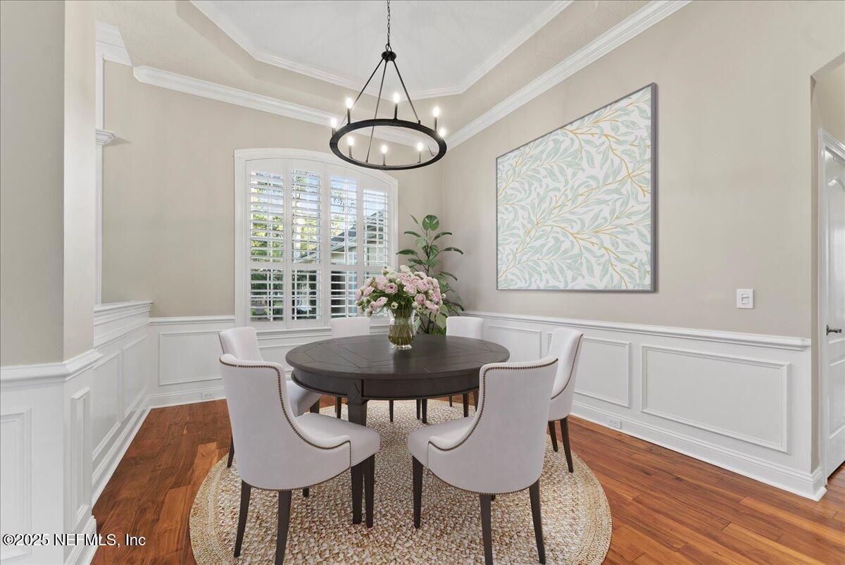 Dining room, Interior, Pendant Lights, Wood Texture Flooring