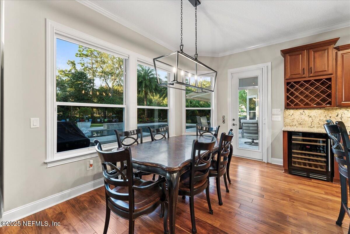 Dining room, Interior, Pendant Lights, Wood Texture Flooring
