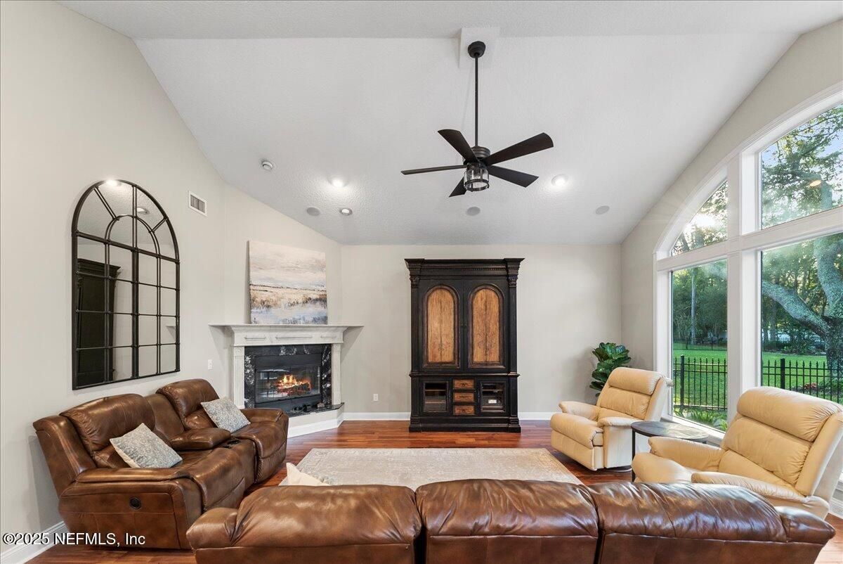 Fireplace, Interior, Living room, Recessed Lighting, Wood Texture Flooring