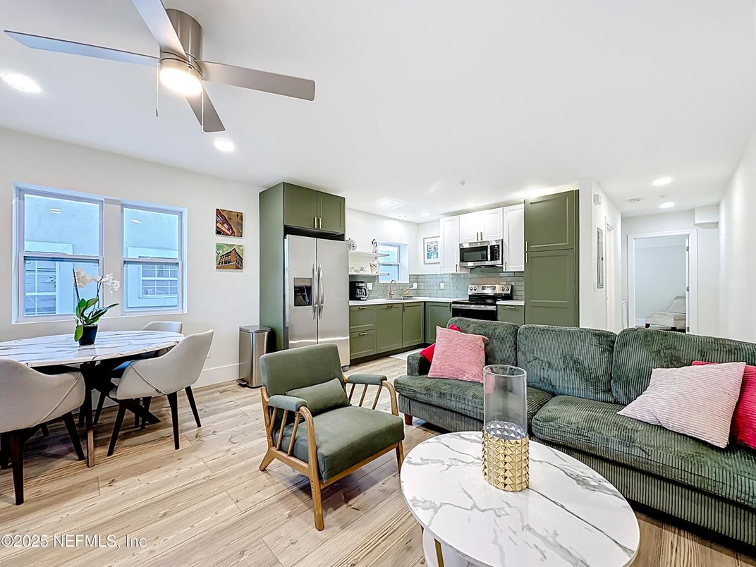 Dining room, Interior, Kitchen, Living room, Recessed Lighting, Stainless Steel Appliances, Wood Texture Flooring
