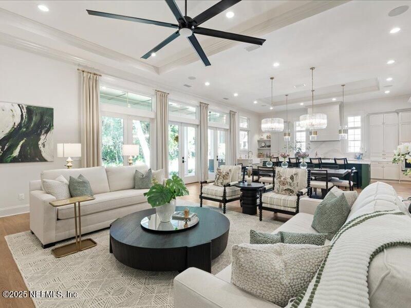 Chandelier, Dining room, Interior, Living room, Pendant Lights, Recessed Lighting, Wood Texture Flooring