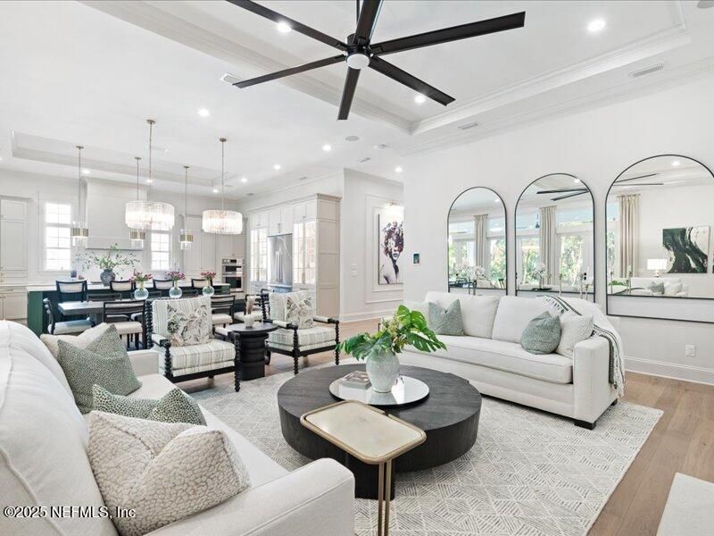 Chandelier, Dining room, Interior, Kitchen, Living room, Pendant Lights, Recessed Lighting, Wood Texture Flooring