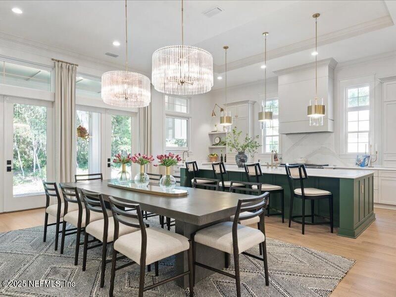Chandelier, Dining room, Interior, Pendant Lights, Recessed Lighting, Wood Texture Flooring