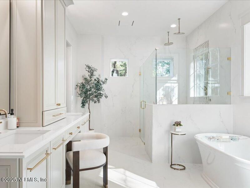 Bathroom, Free Standing Baths, Glass Shower, Interior, Marble, Marble Walls, Recessed Lighting