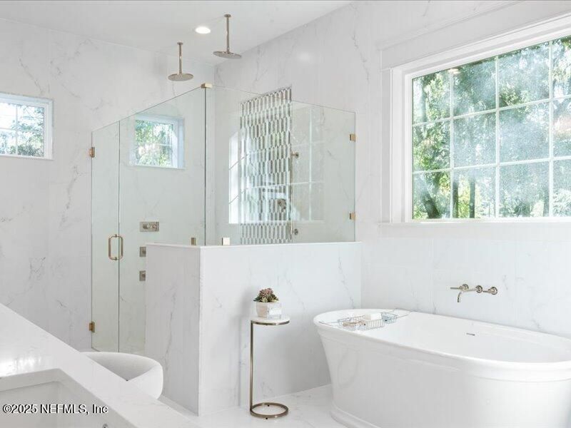 Bathroom, Glass Shower, Interior, Marble Walls, Recessed Lighting