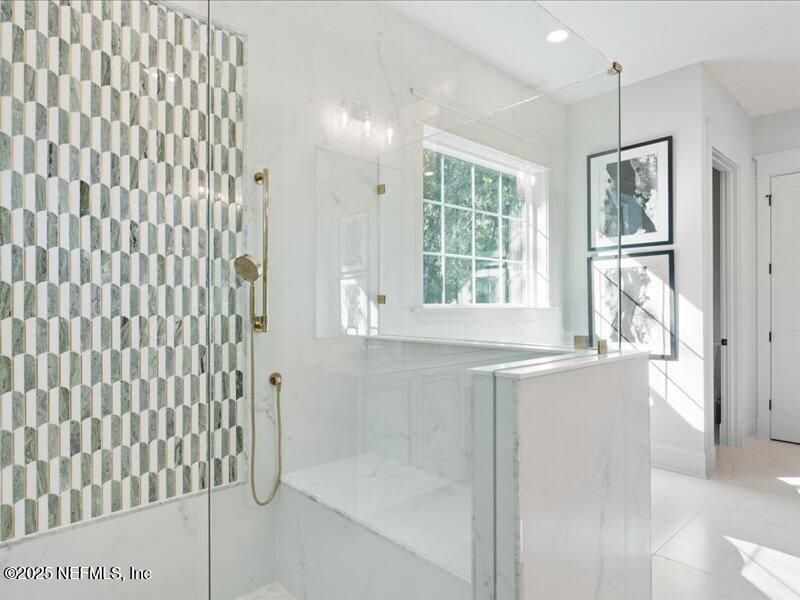 Bathroom, Glass Shower, Interior, Marble, Marble Walls, Recessed Lighting