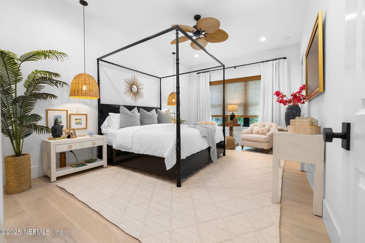 Bedroom, Interior, Pendant Lights, Recessed Lighting, Wood Texture Flooring