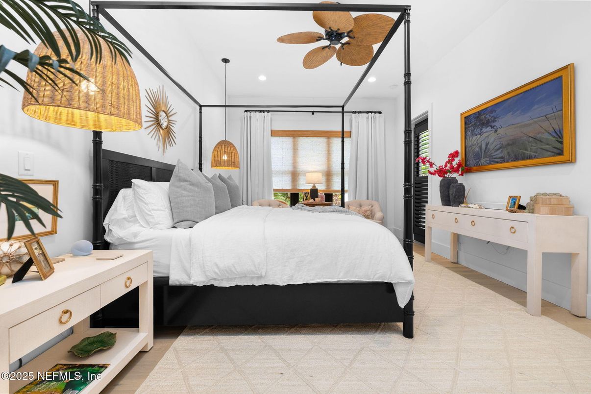 Bedroom, Interior, Pendant Lights, Recessed Lighting, Wood Texture Flooring