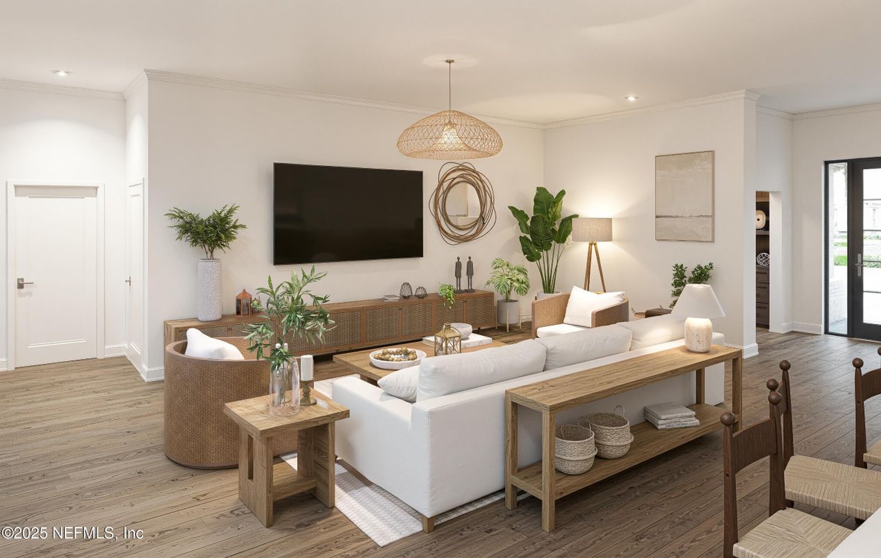 Interior, Living room, Pendant Lights, Recessed Lighting, Wood Texture Flooring