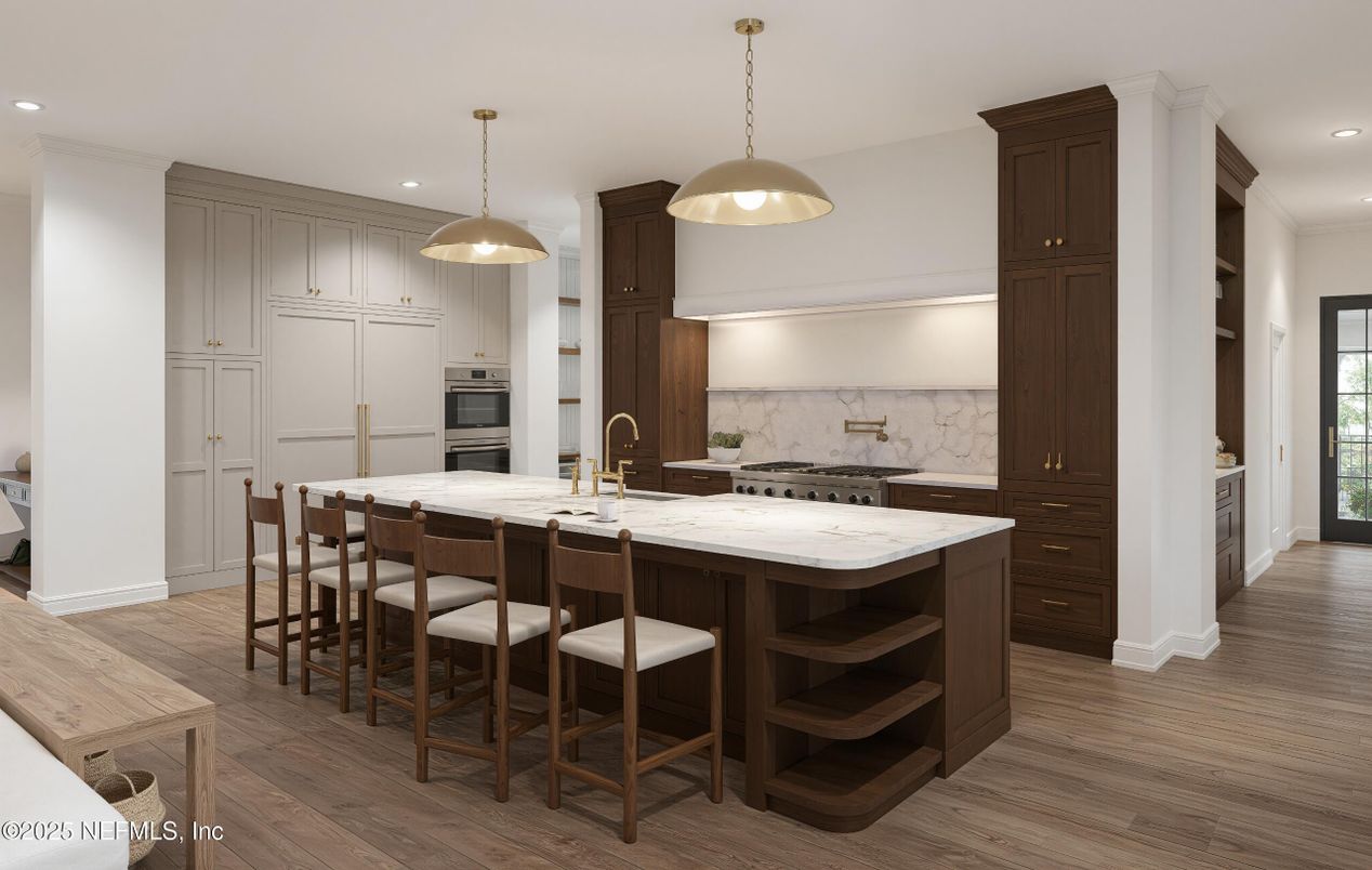 Interior, Kitchen, Marble Walls, Pendant Lights, Recessed Lighting, Stainless Steel Appliances, Wood Texture Flooring