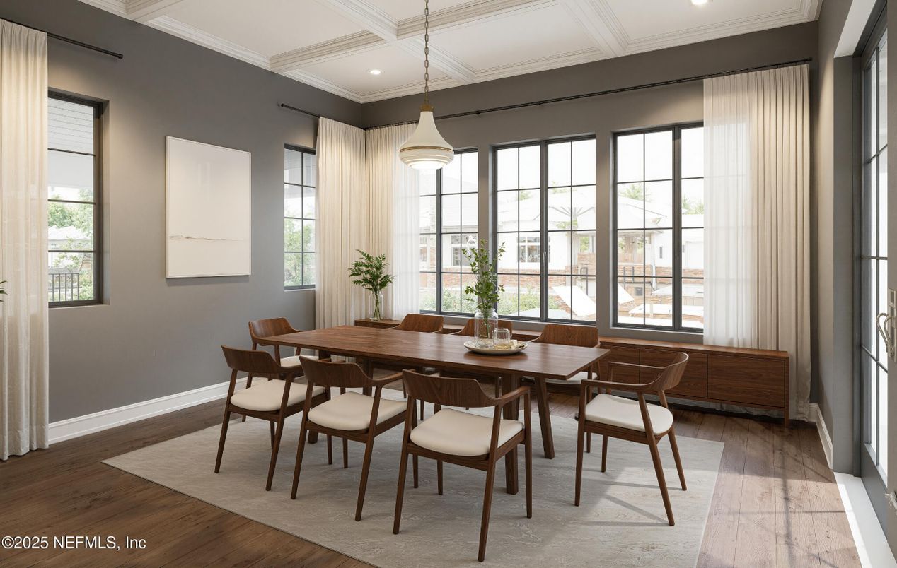 Dining room, Interior, Pendant Lights, Recessed Lighting, Wood Texture Flooring