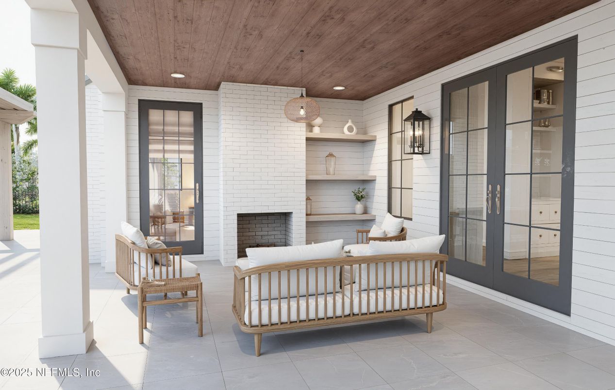 Exterior, Fireplace, Pendant Lights