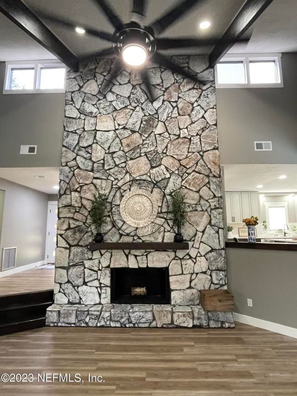 Fireplace, Interior, Recessed Lighting, Stone Walls, Wood Texture Flooring