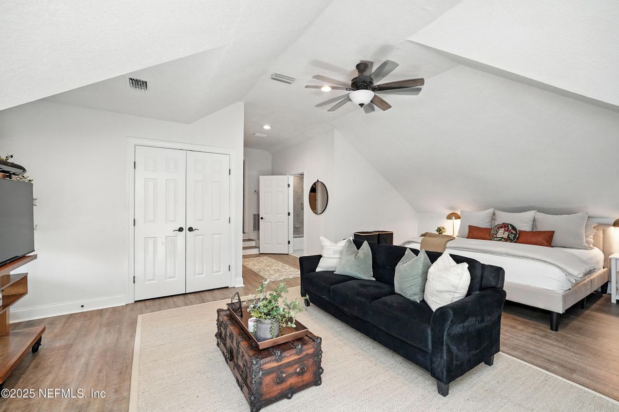 Bedroom, Interior, Recessed Lighting, Wood Texture Flooring