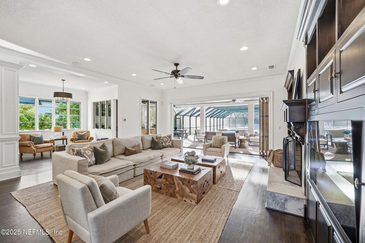 Fireplace, Interior, Living room, Recessed Lighting, Water, Wood Texture Flooring