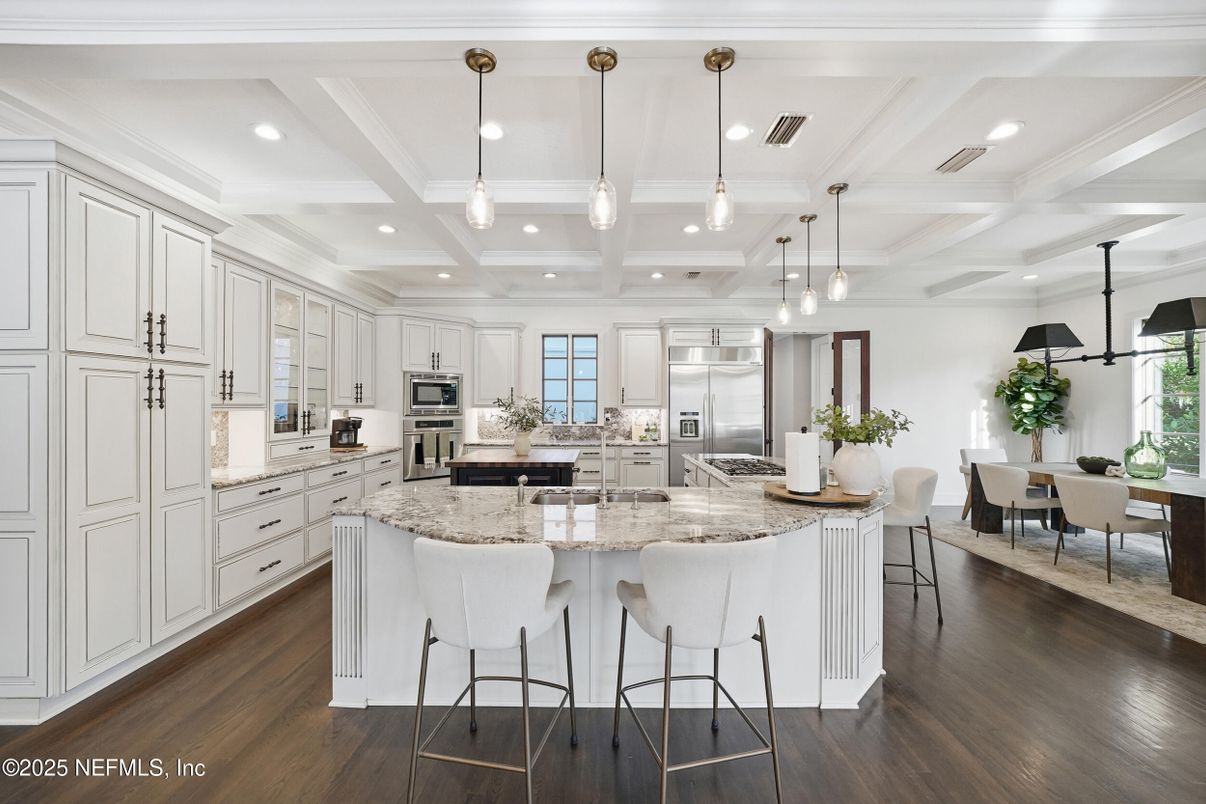 Dining room, Interior, Kitchen, Pendant Lights, Recessed Lighting, Stainless Steel Appliances, Wood Texture Flooring