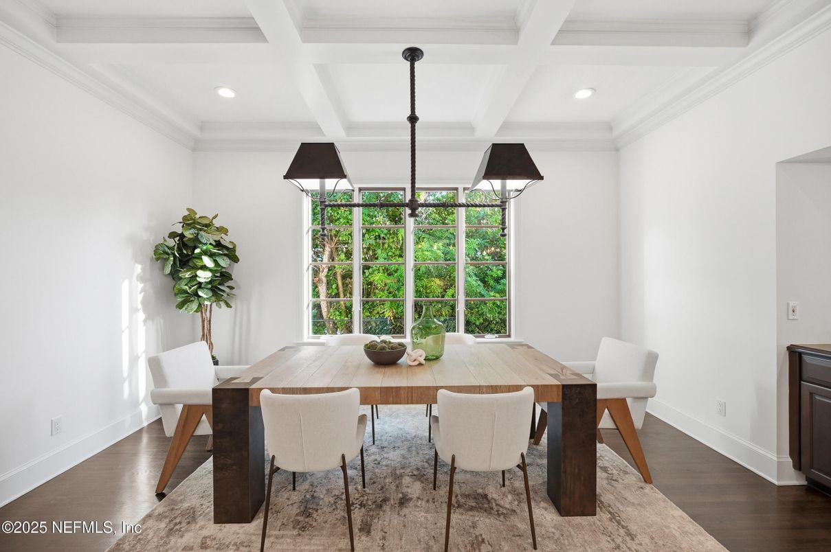 Dining room, Interior, Recessed Lighting, Wood Texture Flooring
