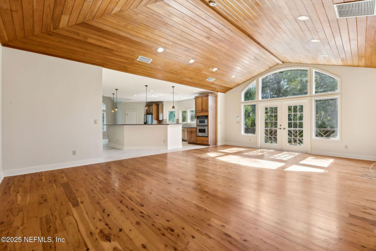 Empty room, Interior, Kitchen, Pendant Lights, Recessed Lighting, Wooden Ceilings, Wood Texture Flooring