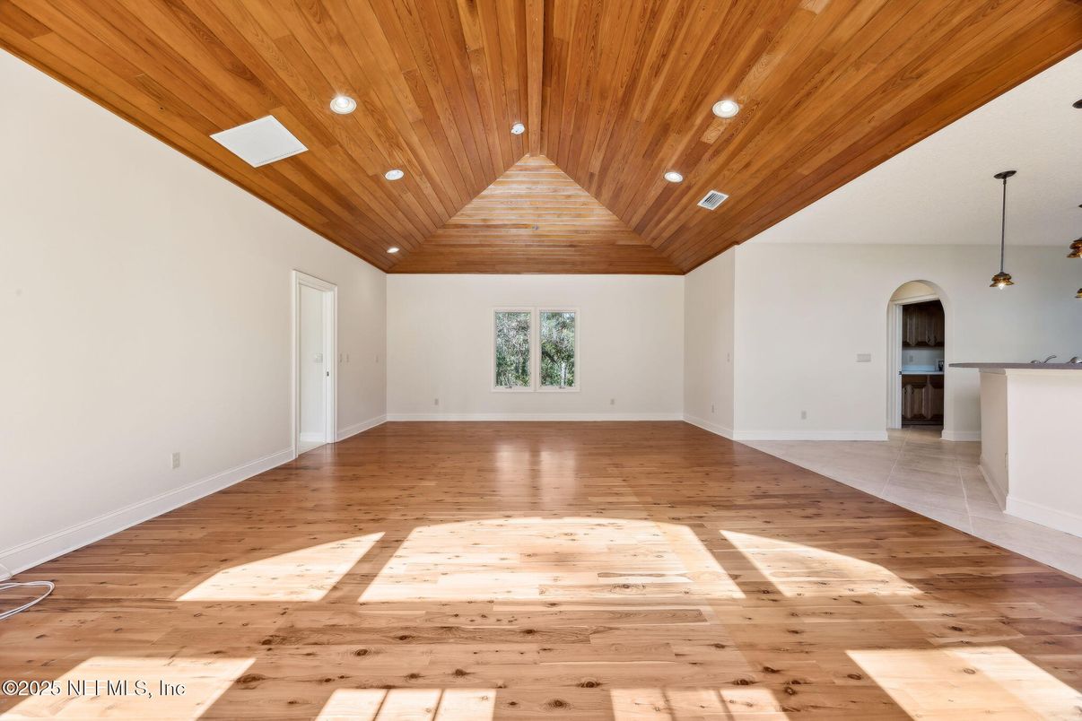 Empty room, Interior, Pendant Lights, Recessed Lighting, Wooden Ceilings, Wood Texture Flooring