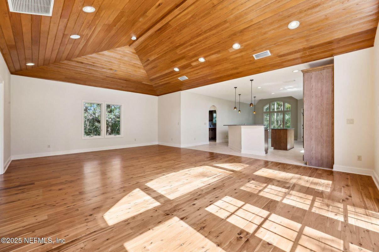 Empty room, Interior, Pendant Lights, Recessed Lighting, Wooden Ceilings, Wood Texture Flooring