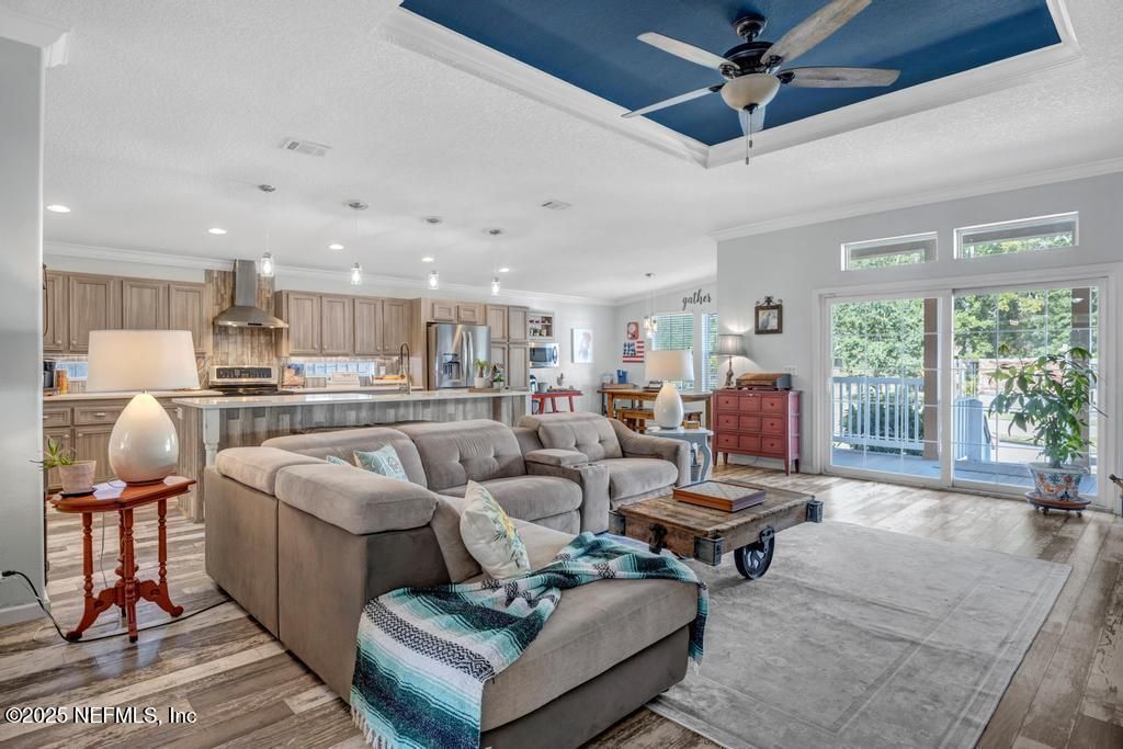 Interior, Kitchen, Living room, Recessed Lighting, Stainless Steel Appliances, Wood Texture Flooring