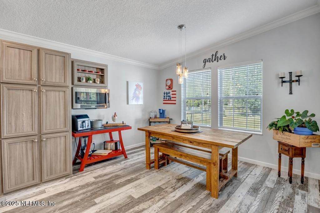 Dining room, Interior, Pendant Lights, Wood Texture Flooring